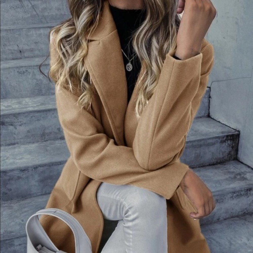 Fall Winter Peacoat Trench Coat Long Jacket Camel Tan Brown LAST ONE - Picture 4 of 7